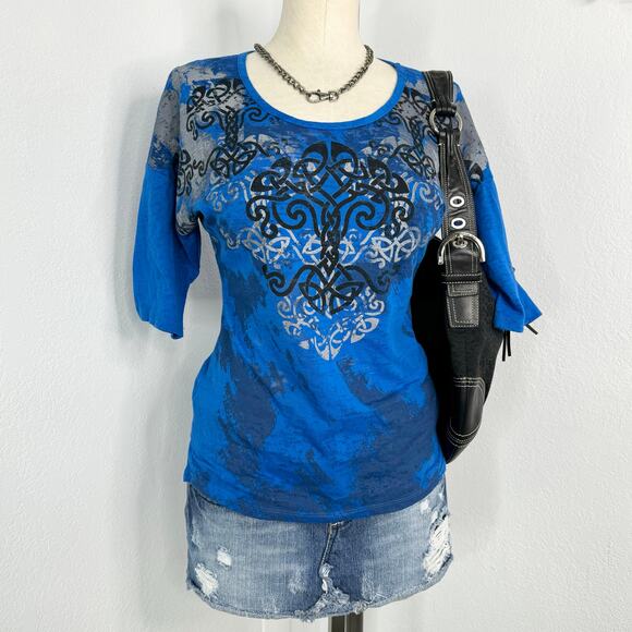 Y2k Blue Tattoo Graphic Top Sheer Burn Out Lace Small - Picture 1 of 5